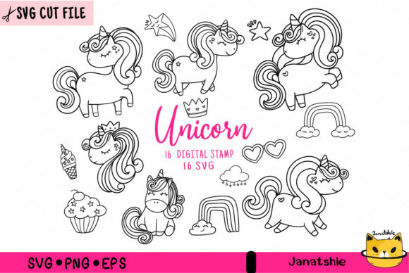 16magical UNICORN Outline Digital Stamp for Crafts and Graphics